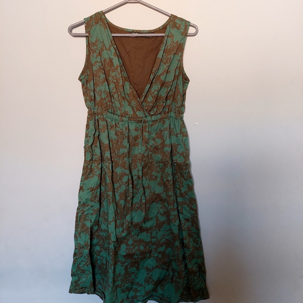 Eddie Bauer Green/Brown Geometric Print Cotton Cross-over V-Neck Dress (Size 6)
